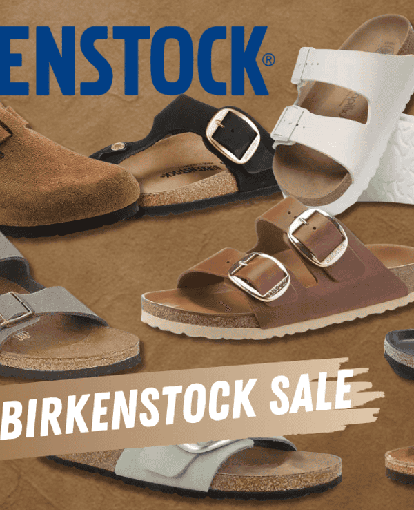 Verschiedene Birkenstock-Modelle wie Arizona, Boston und Gizeh vor einem braunen Hintergrund.