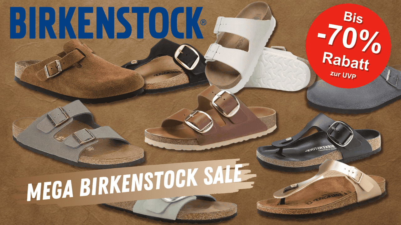 Verschiedene Birkenstock-Modelle wie Arizona, Boston und Gizeh vor einem braunen Hintergrund.
