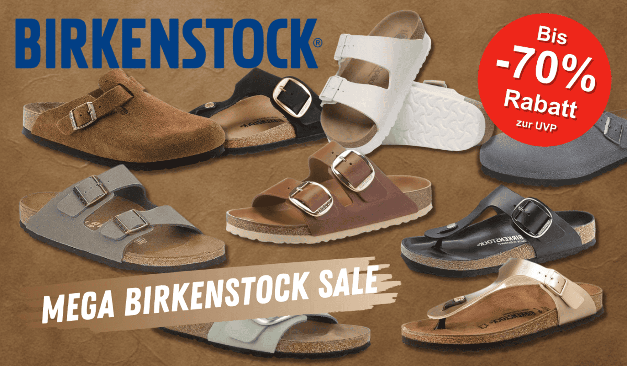 Verschiedene Birkenstock-Modelle wie Arizona, Boston und Gizeh vor einem braunen Hintergrund.