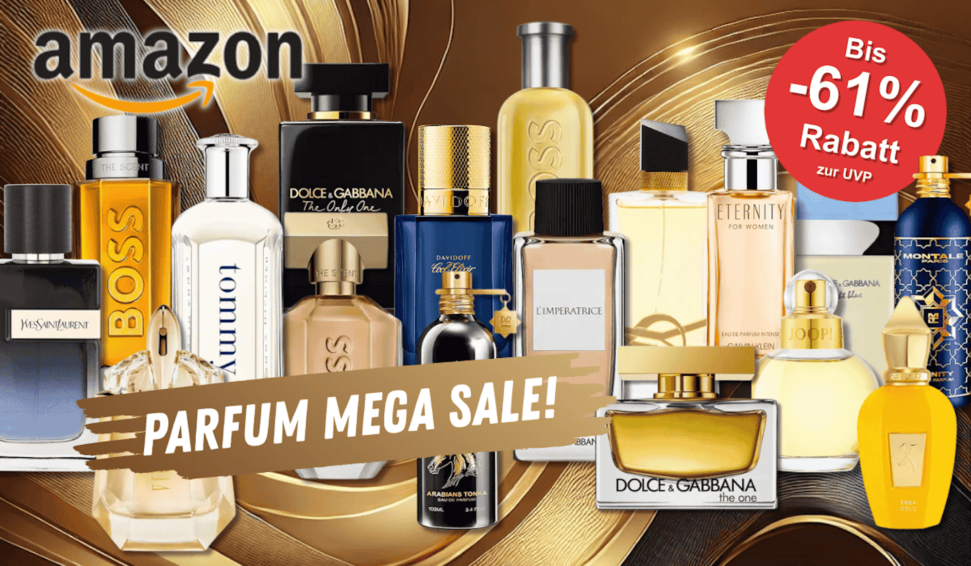 Zahlreiche bekannte Parfümmarken wie Hugo Boss, Dolce & Gabbana und Yves Saint Laurent sind prominent vor einem edlen gold-braunen Hintergrund abgebildet.