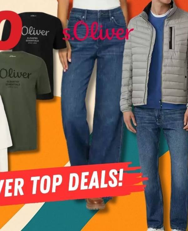 s.Oliver Mode von Männer nund Frauen getragen vor einem bunten Hintergrund.