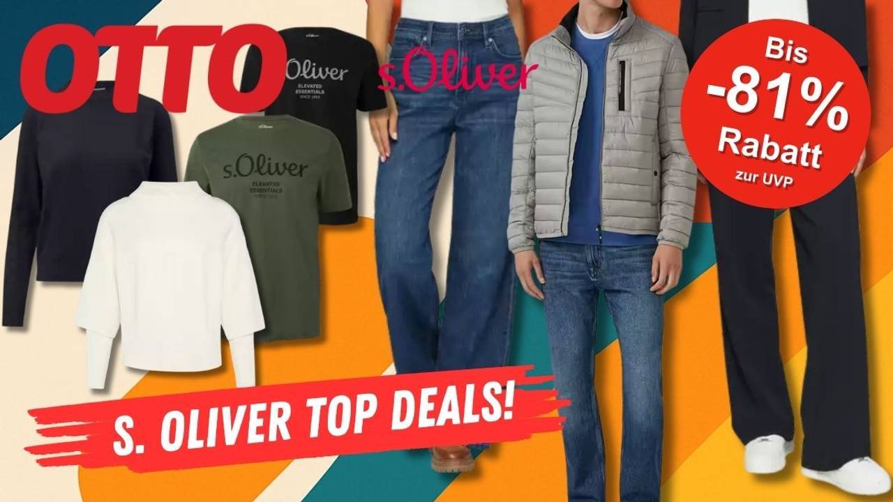 s.Oliver Mode von Männer nund Frauen getragen vor einem bunten Hintergrund.