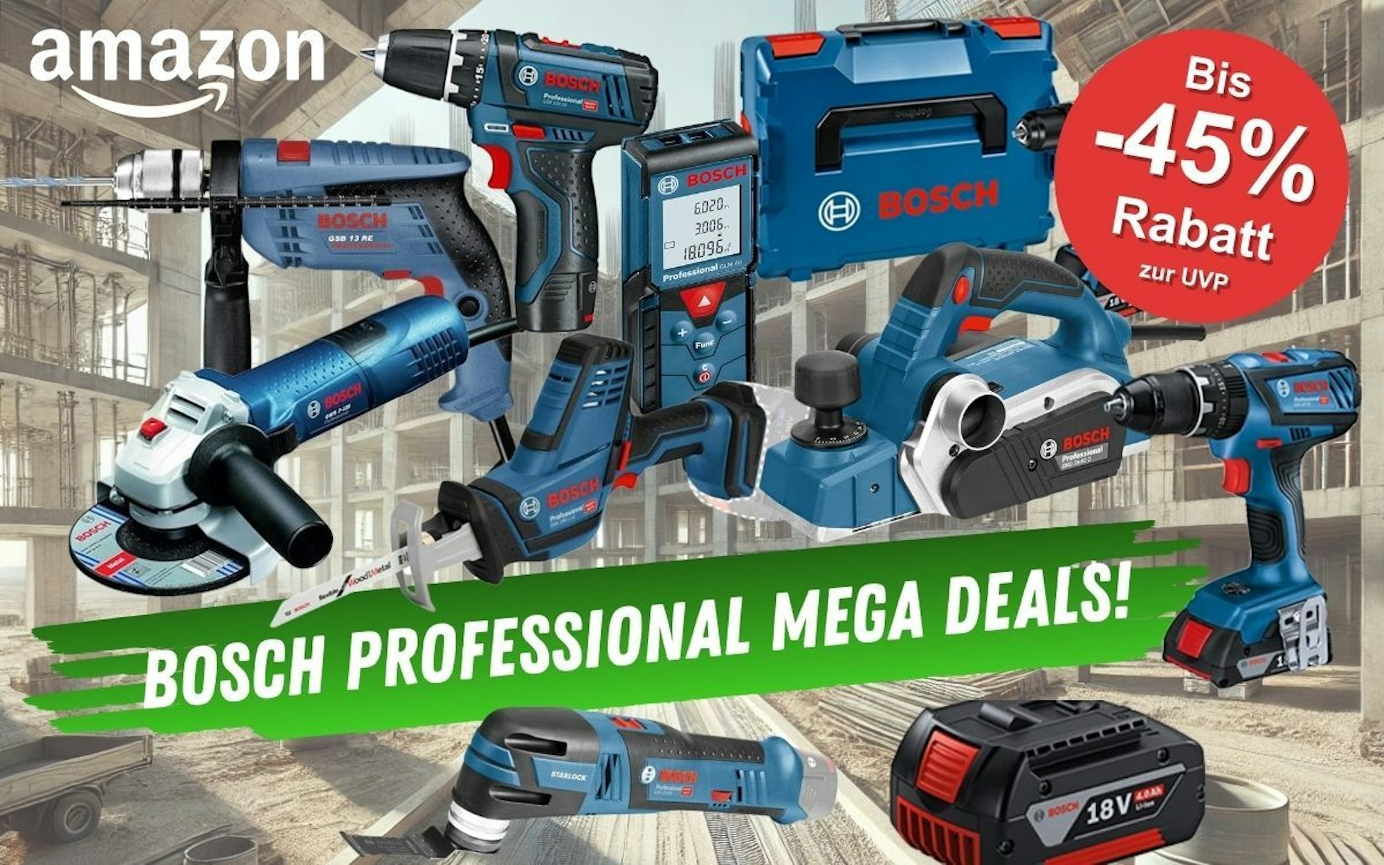Bosch Professional Elektrowerkzeug, darunter Akkubohrschrauber, Laser Entfernungsmesser, Schlagbohrmaschine, Winkelschleifer, Werkzeugkoffer, Säbelsäge, Hobel vor einem Hintergrund einer großen Baustelle.