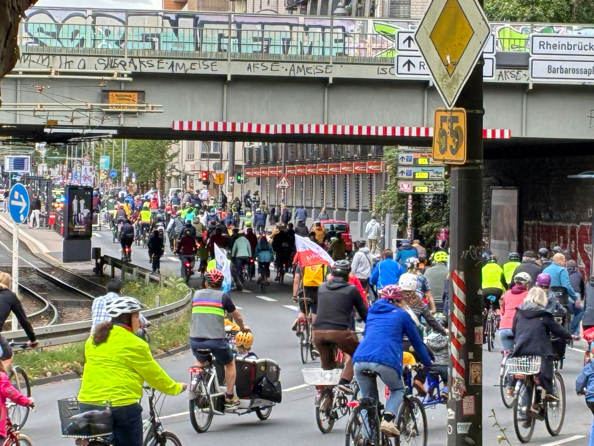 Hunderte Radfahrerinnen und Radfahrer fahren gedrängt auf einer Straße.