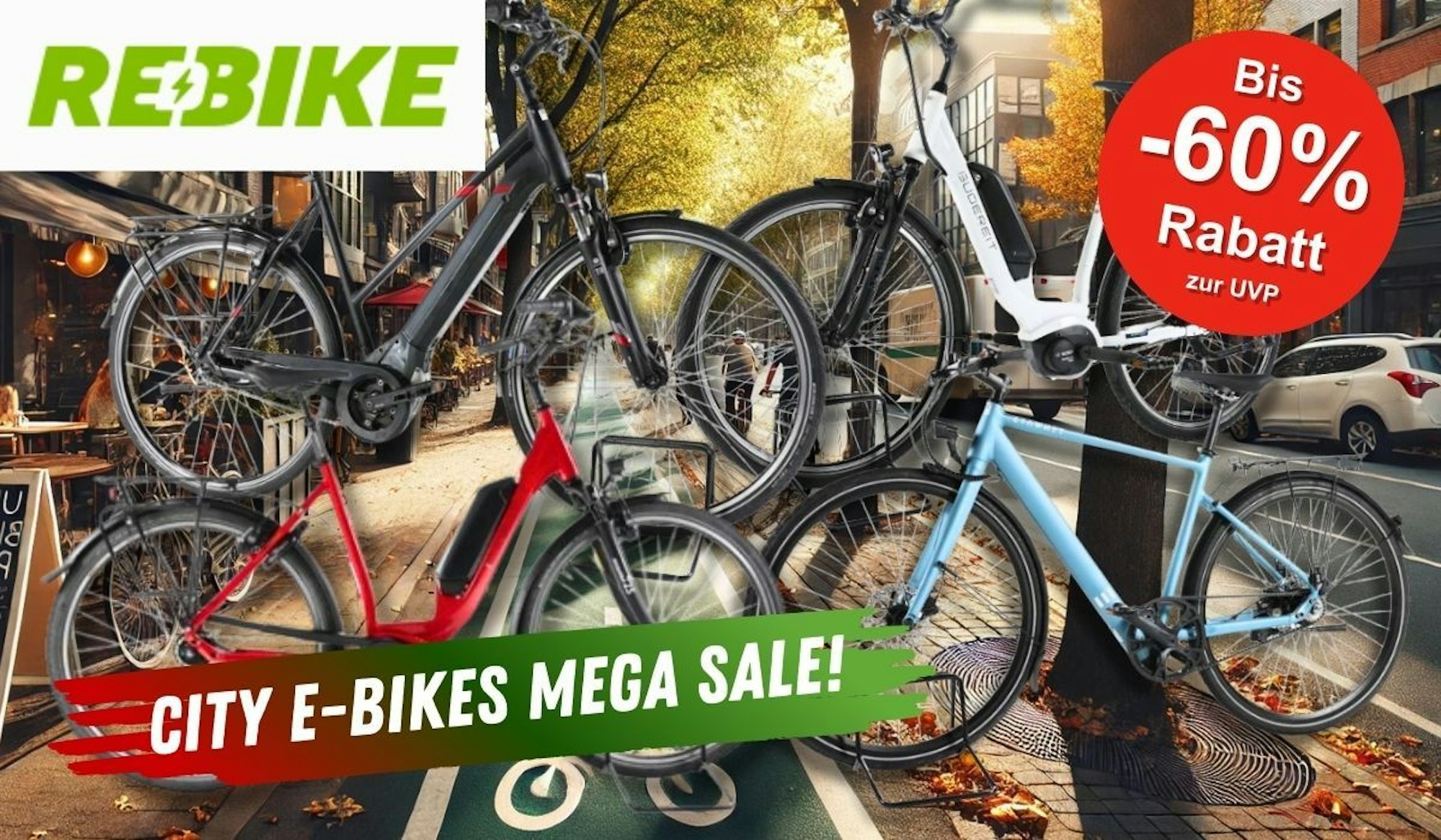 Mehrere City E-Bikes verschiedener Marken vor dem Hintergrund einer Innenstadt im Herbst.