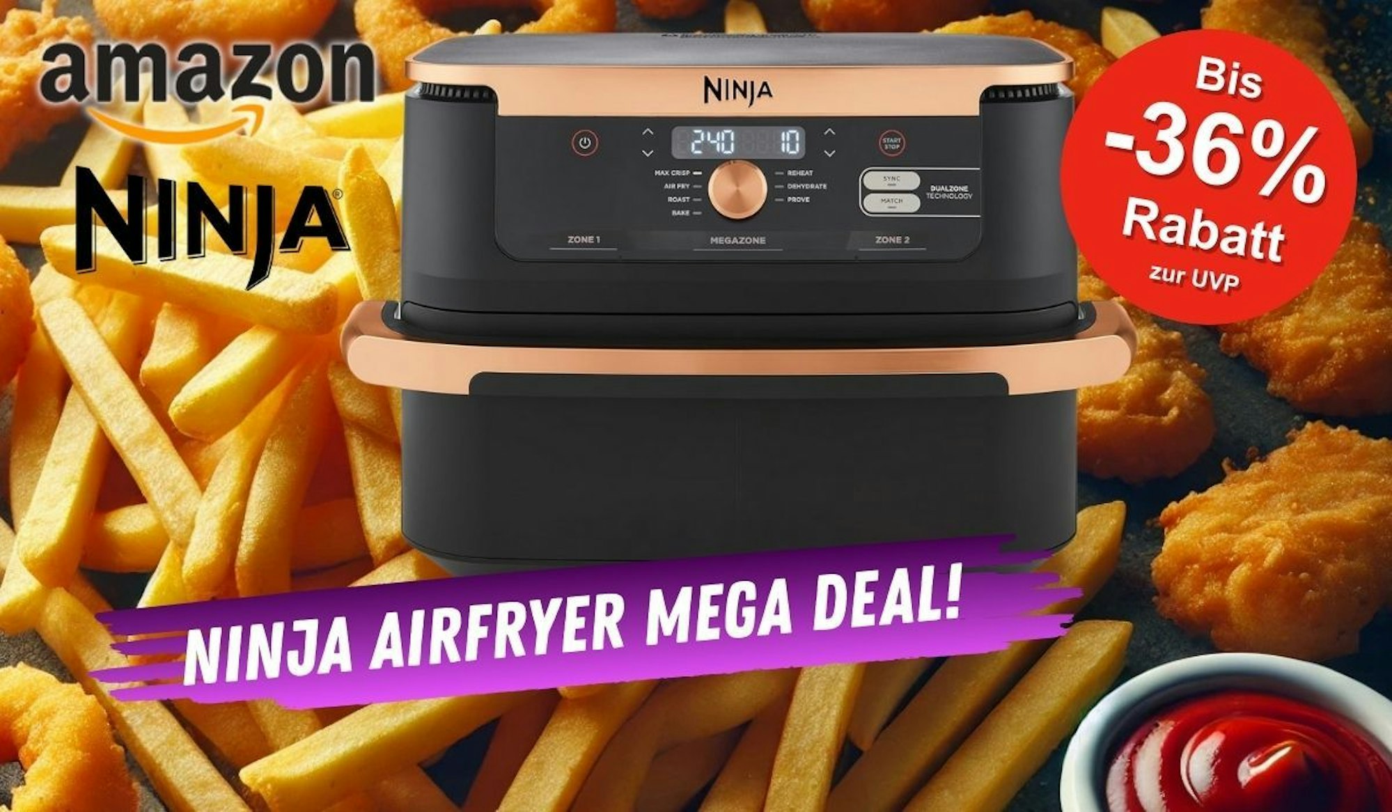 Eine Airfryer Heißluftfritteuse Ninja Foodi FlexDrawer Dual Zone im Design Schwarz Kupfer vor Pommes Frites und Chicken Nuggets und Ketchup in Großaufnahme.