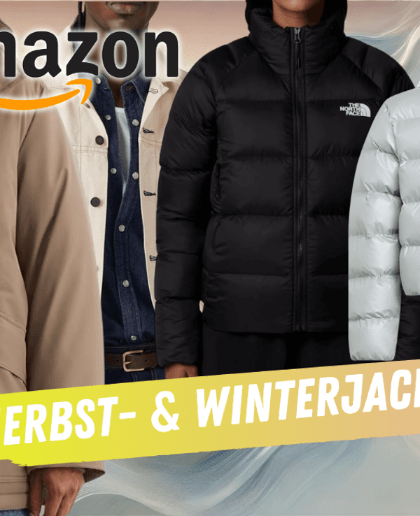 Warme Herbstjacken und Winterjacken von Marken wie adidas, The North Face und mehr vor einem bunten Hintergrund.