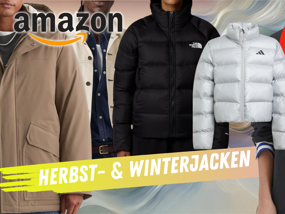 Warme Herbstjacken und Winterjacken von Marken wie adidas, The North Face und mehr vor einem bunten Hintergrund.