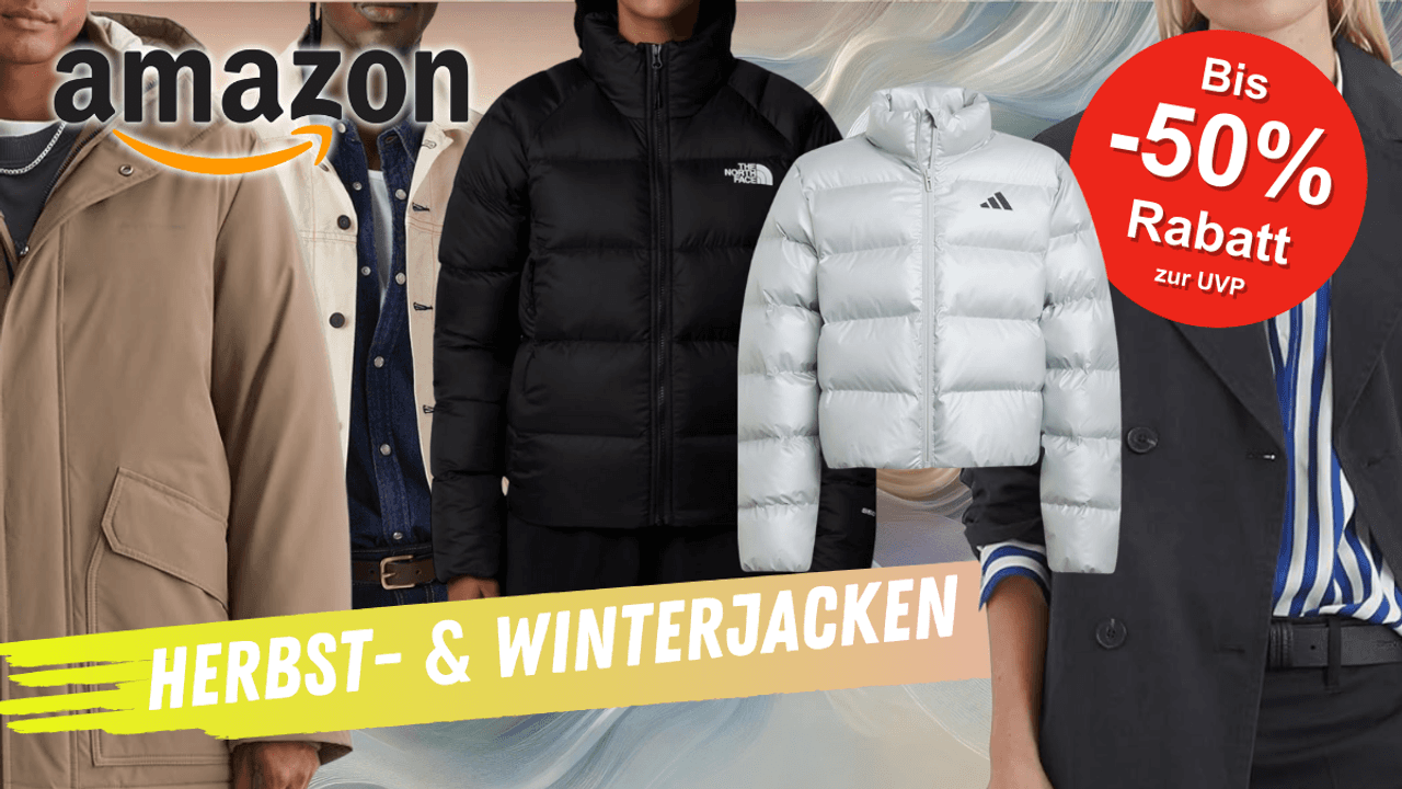 Warme Herbstjacken und Winterjacken von Marken wie adidas, The North Face und mehr vor einem bunten Hintergrund.