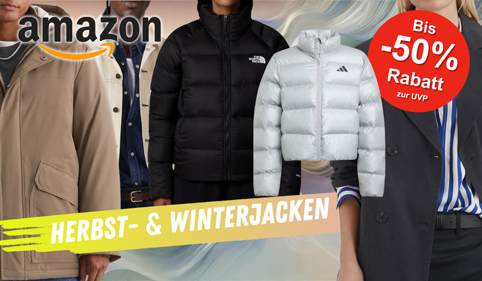 Warme Herbstjacken und Winterjacken von Marken wie adidas, The North Face und mehr vor einem bunten Hintergrund.