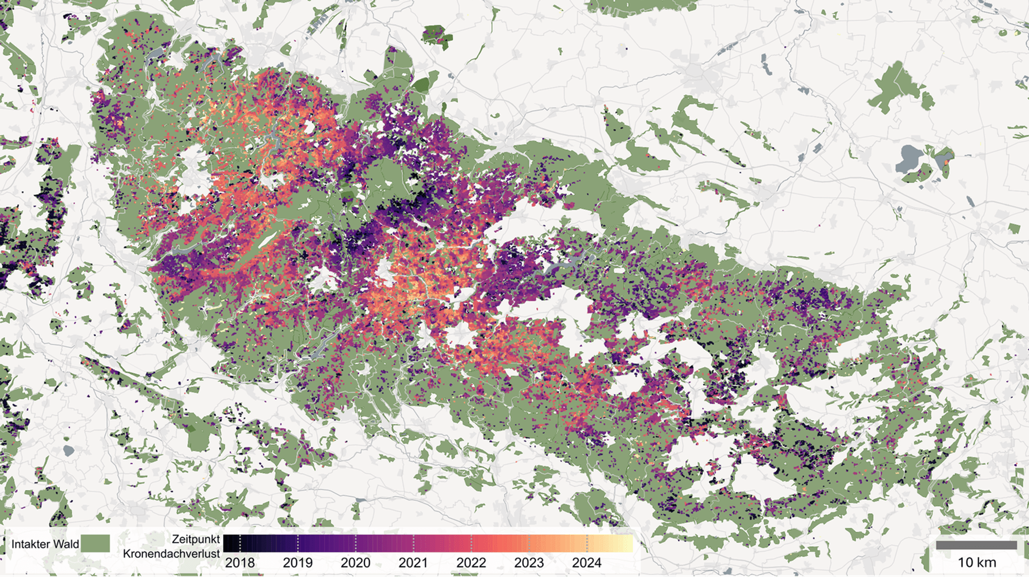 Die Karte zeigt die Kronendachverluste in der Mittelgebirgsregion Harz – im Zeitraum September 2017 bis September 2024, mit einer räumlichen Auflösung von zehn Metern. Die Farbskala visualisiert den Zeitpunkt des Kronendachverlusts in Monatsschritten von schwarz (September 2017) bis gelb (September 2024). Intakte Waldflächen sind grün dargestellt.