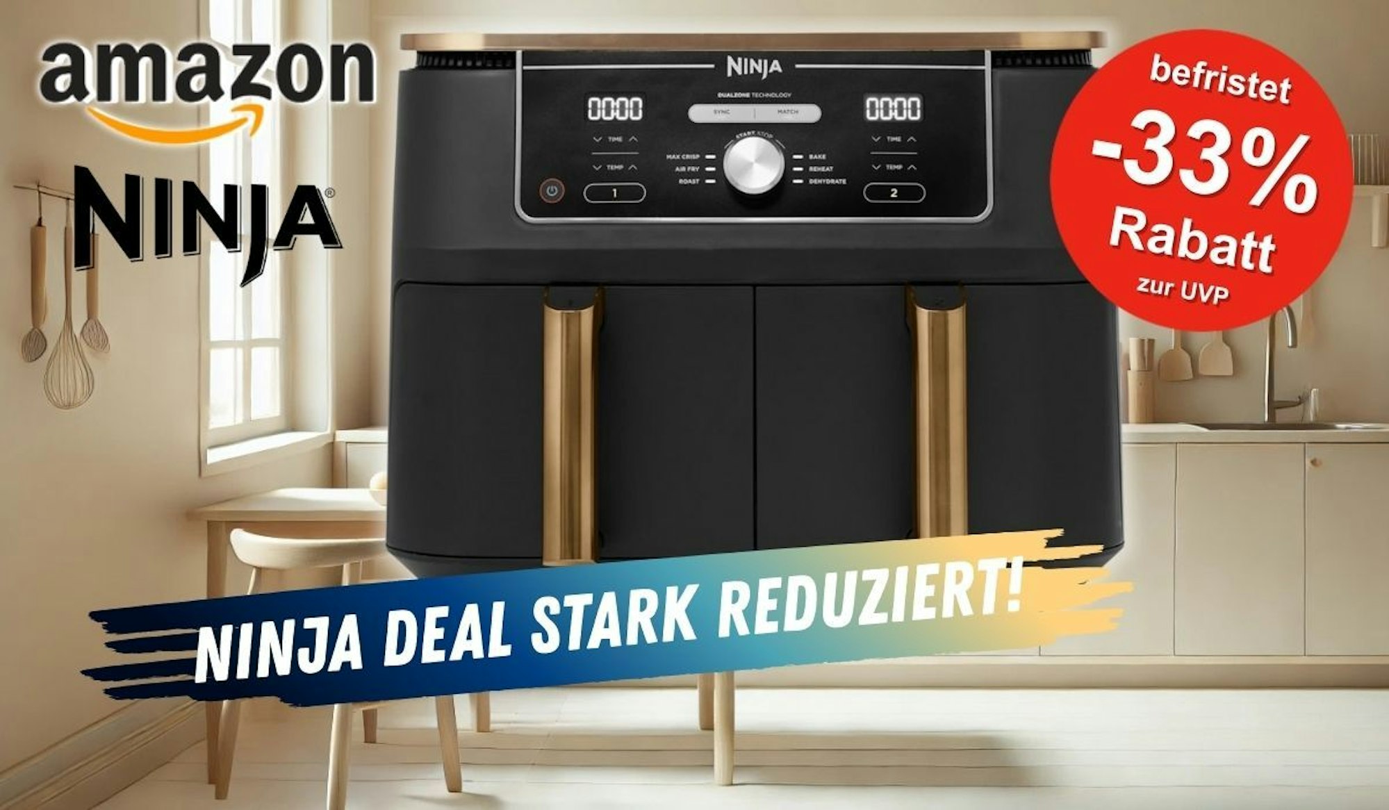 Heißluftfritteuse NINJA Foodi Max Dual Zone Airfryer in Schwarz-Kupfer Design vor einer gut aufgeräumten Küche im Hintergrund.