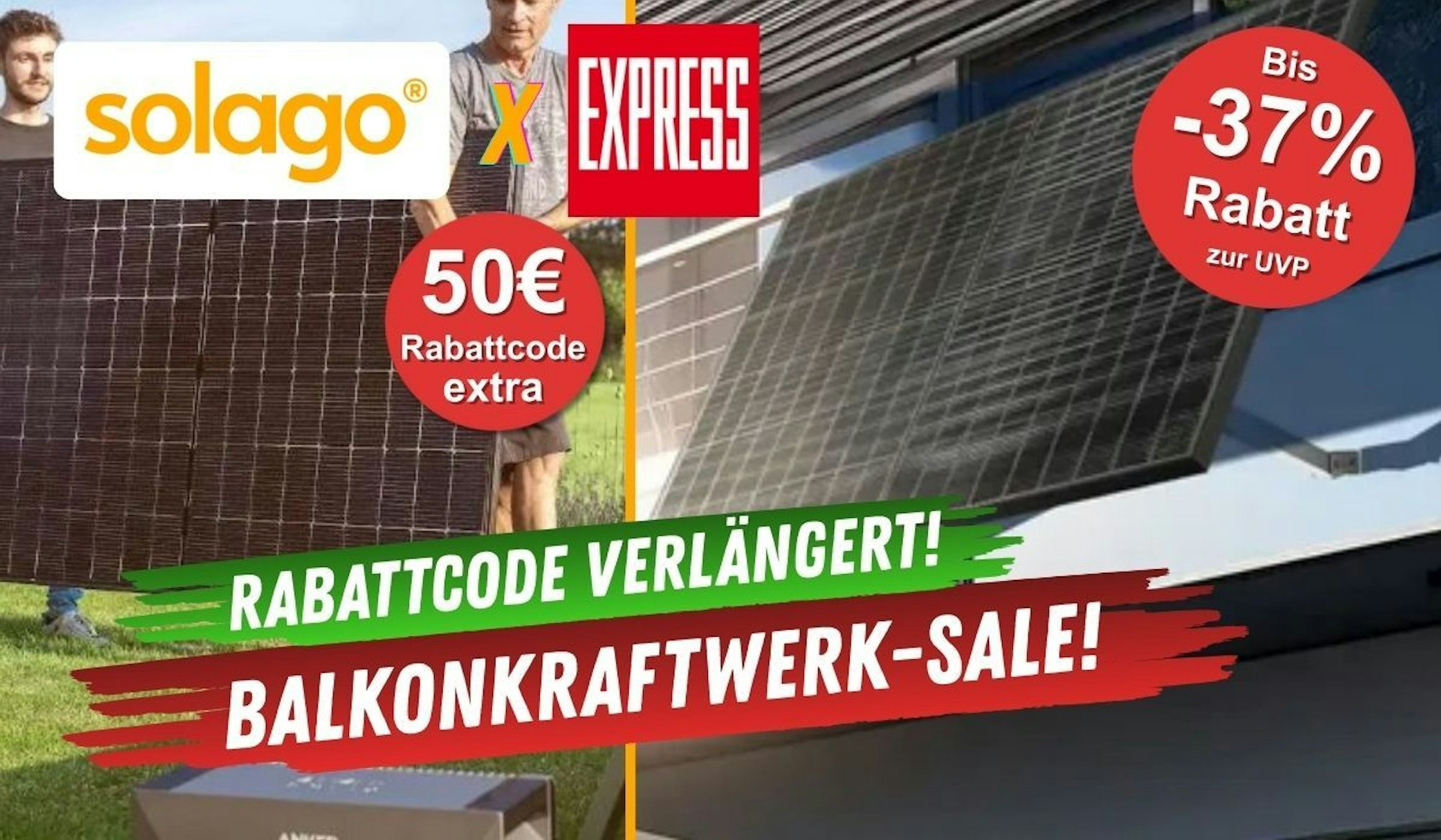 Zwei Männer tragen ein Solago Balkonkraftwerk Solarpanel über eine Wiese in einem Garten. Außerdem ein Solarmodul an einem Balkon.