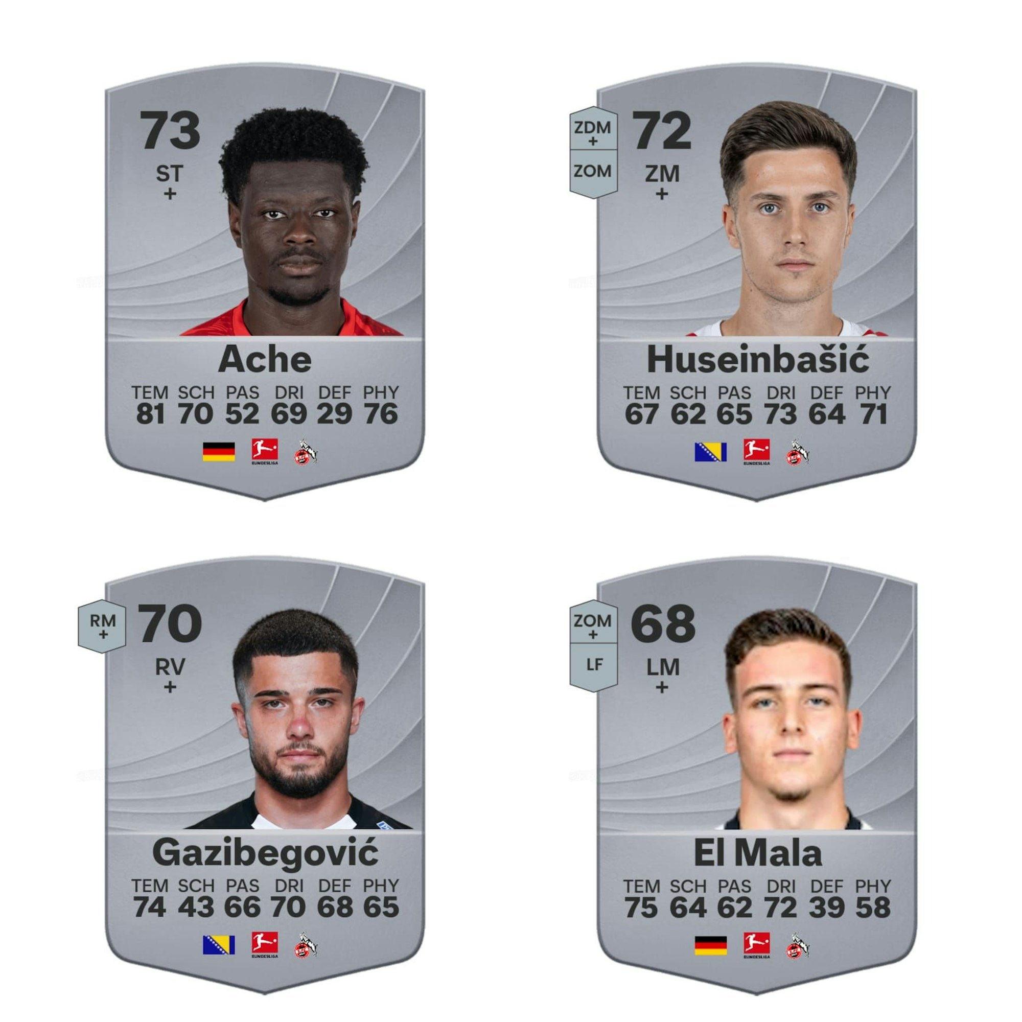 Die offiziellen EA FC 26 Karten von den FC-Profis Ragnar Ache, Denis Huseinbasic, Jusuf Gazibegovic und Said El Mala in einer Übersicht.