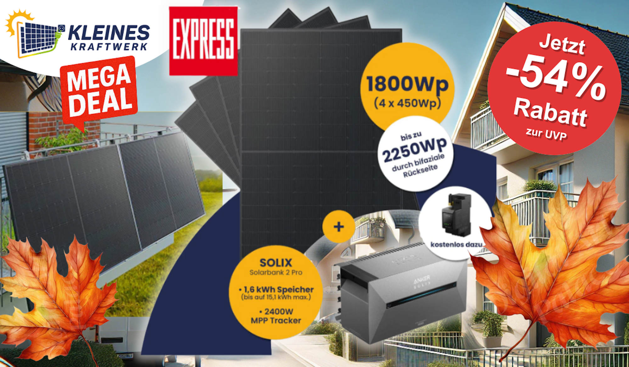 Balkonkraftwerk-Set Kleines Kraftwerk Quattro (4 × 450 Wp Full-Black Module) mit integrierter Anker Solarbank 2 E1600 Pro vor einer Wohnsiedlung mit Reihenhäusern in einem Vorort.