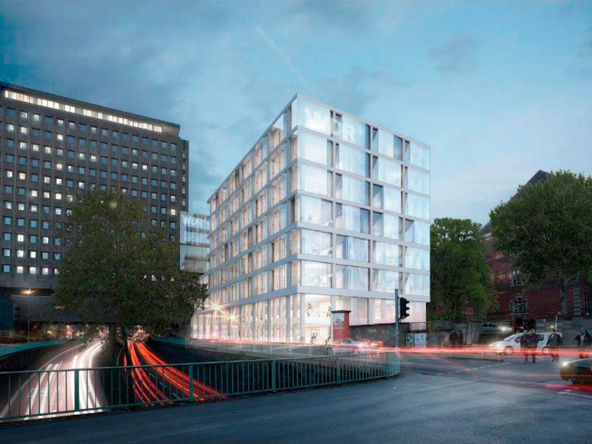 Ein Entwurf zeigt, wie das Filmhaus aussehen soll: sechsstöckig mit großen Fenstern und heller Fassade.