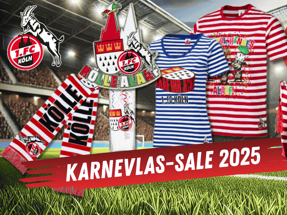 Verschiedene Karnevals Artikel wie T-Shirts, Gläser, Krätzchen, Orden und Schals aus dem FC-Fanshop vor einem Stadion Hintergrund.