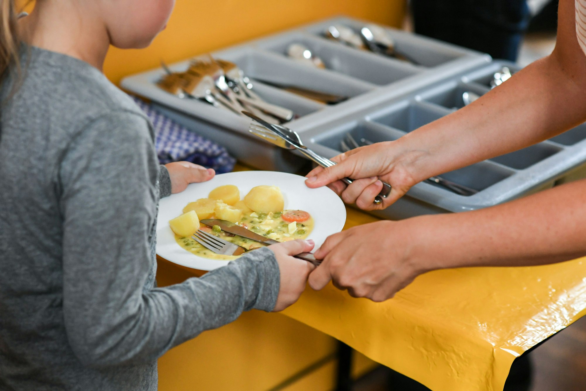 Eine Schülerin nimmt in der Mensa ihrer Schule einen Teller mit Kartoffeln und Gemüse entgegen.