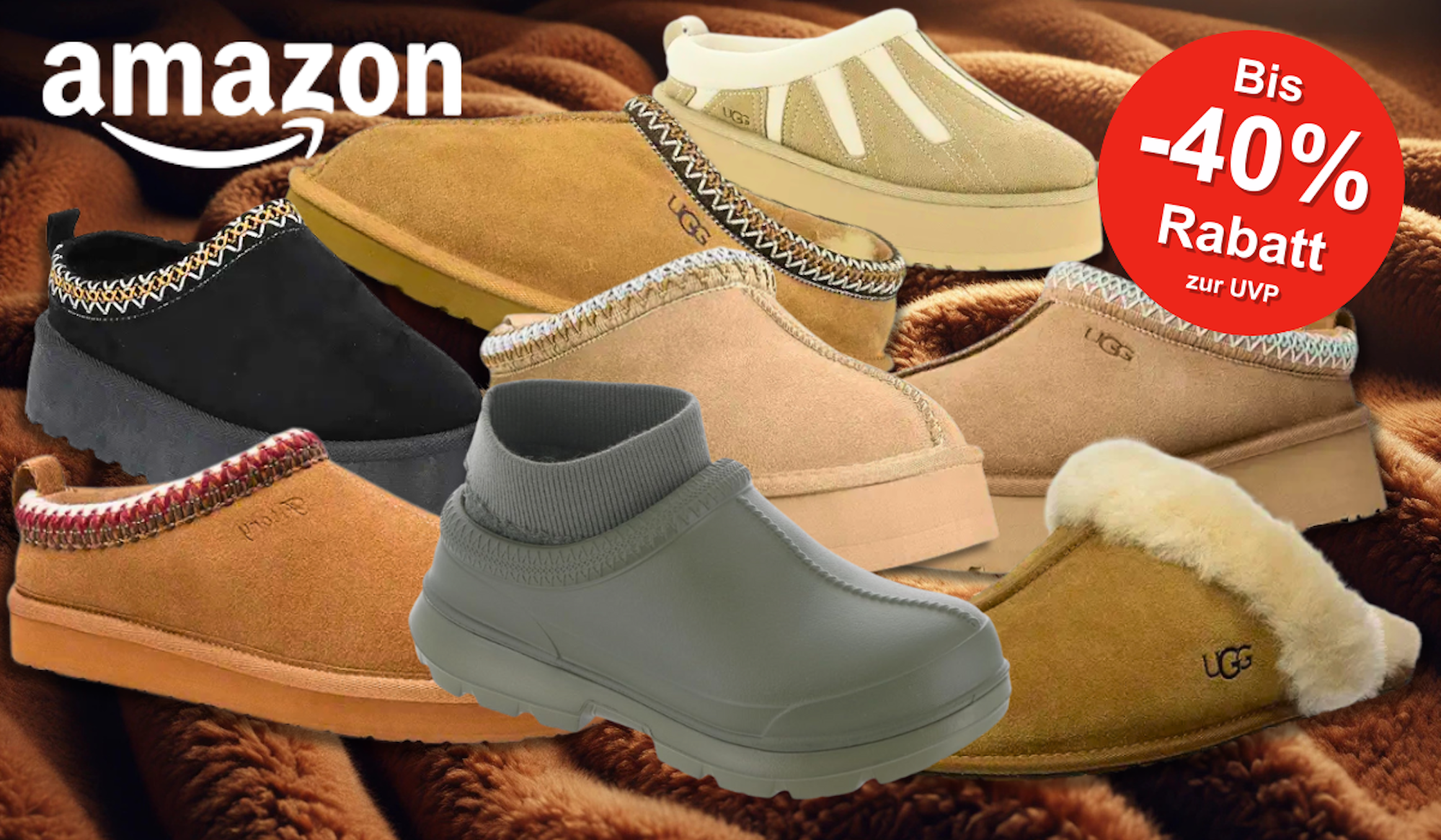 UGG Boots in verschiedenen Farben und Modellen vor einem Hintergrund weichen Plüsch Hintergrund.