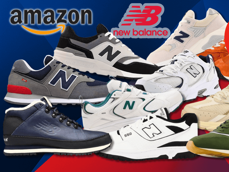 Auf dem Bild sind viele unterschiedliche New Balance Sneaker und Boots zu sehen.