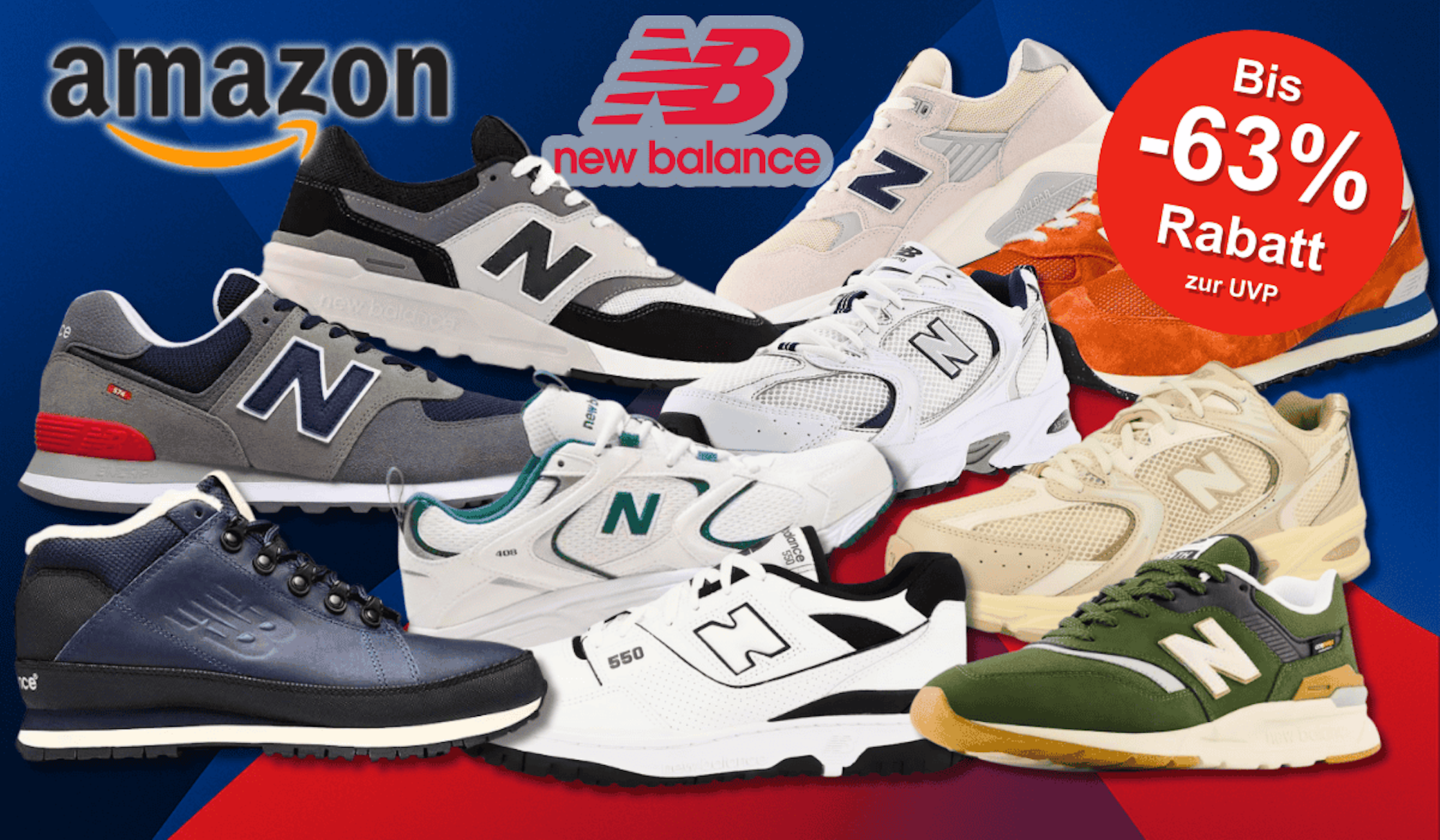 Auf dem Bild sind viele unterschiedliche New Balance Sneaker und Boots zu sehen.
