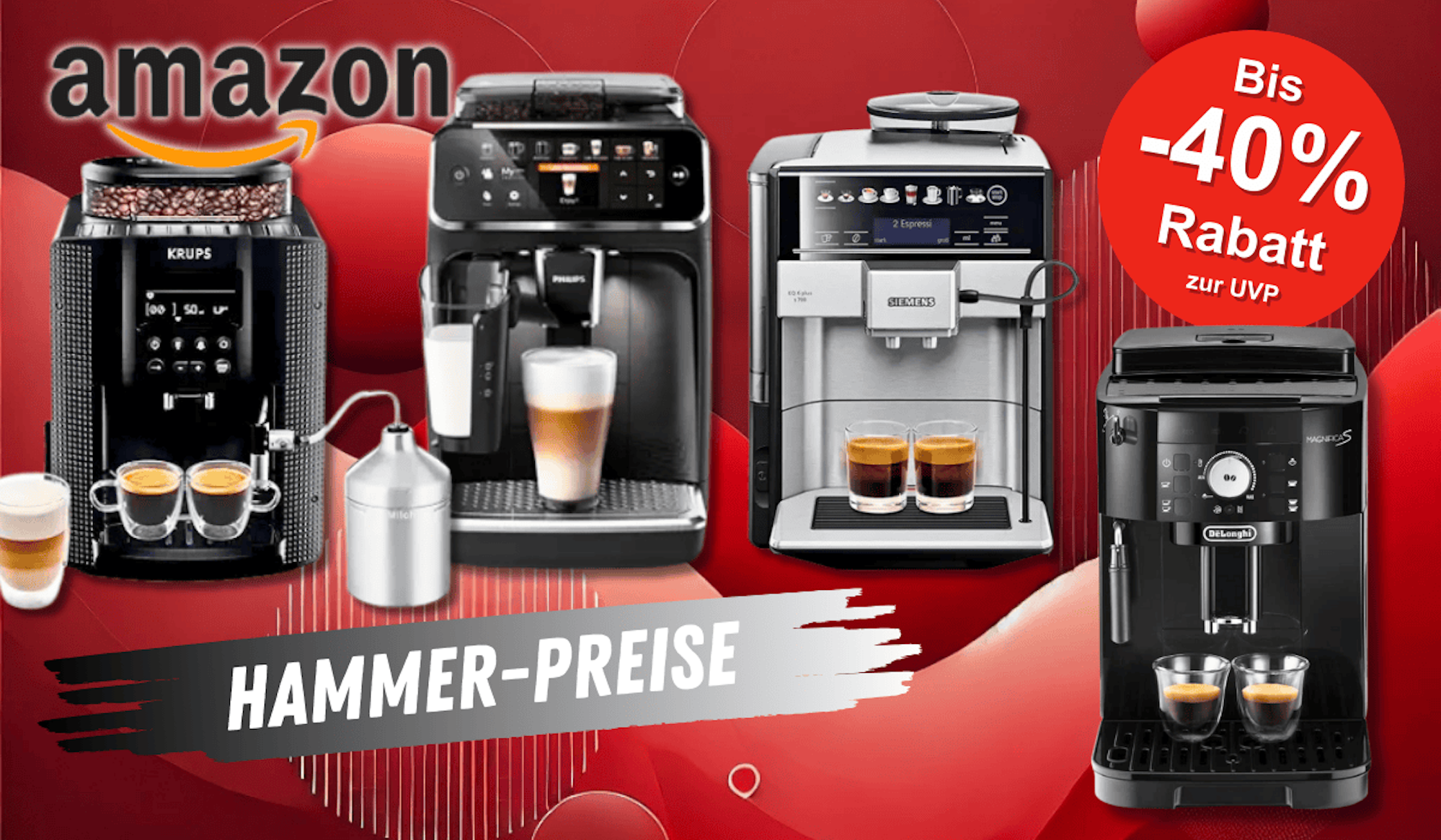 Kaffeevollautomaten von Krups, Philips, SIEMENS und DeLonghi vor einem roten Hintergrund.