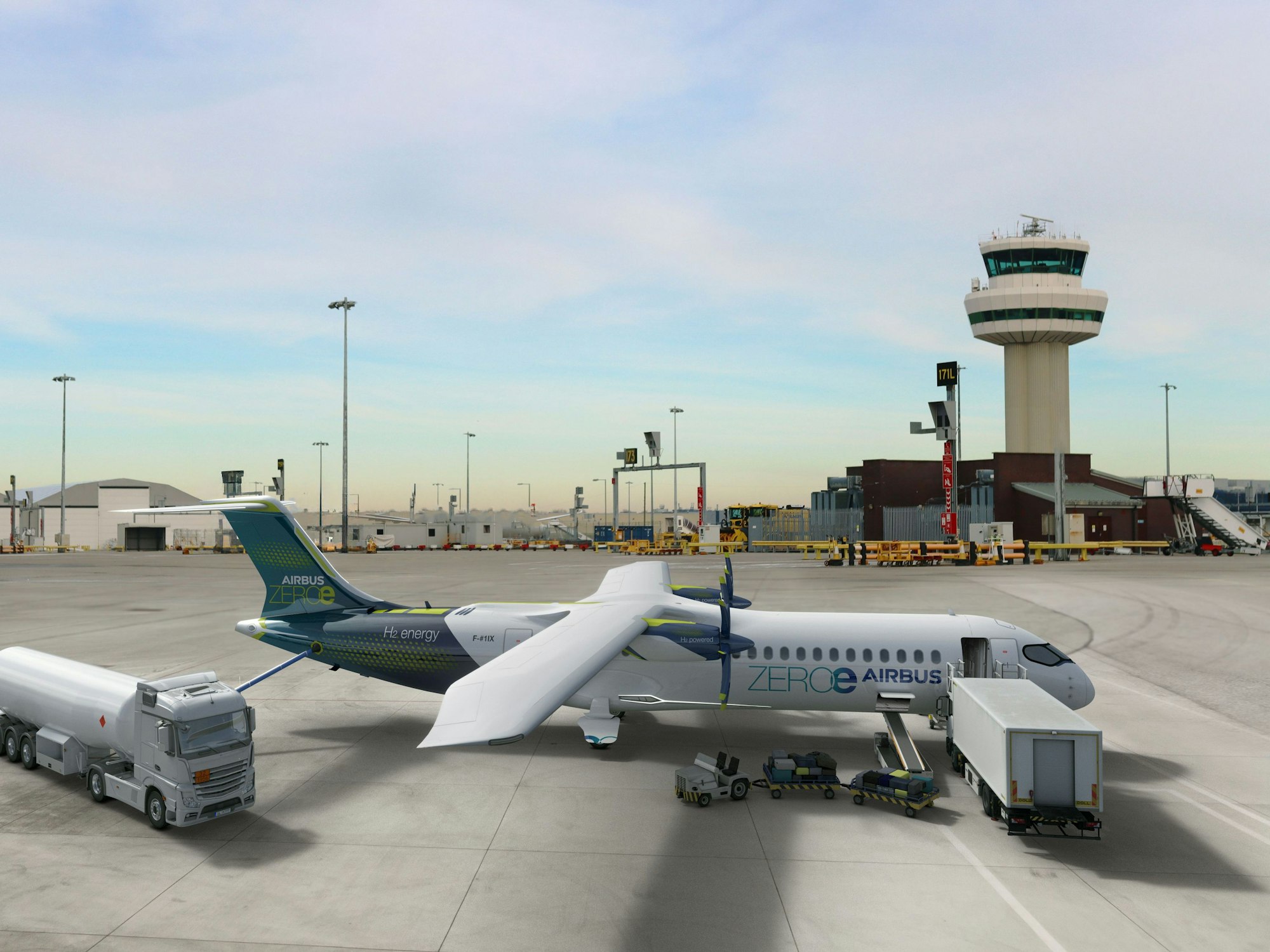 Ein Flugzeug steht auf einem Rollfeld eines Flughafens.