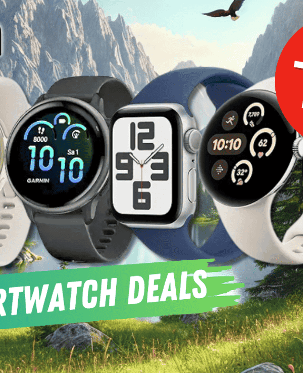 Verschiedene Smartwatch Modelle vor einer Natur-Kulisse.