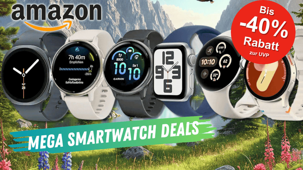 Verschiedene Smartwatch Modelle vor einer Natur-Kulisse.