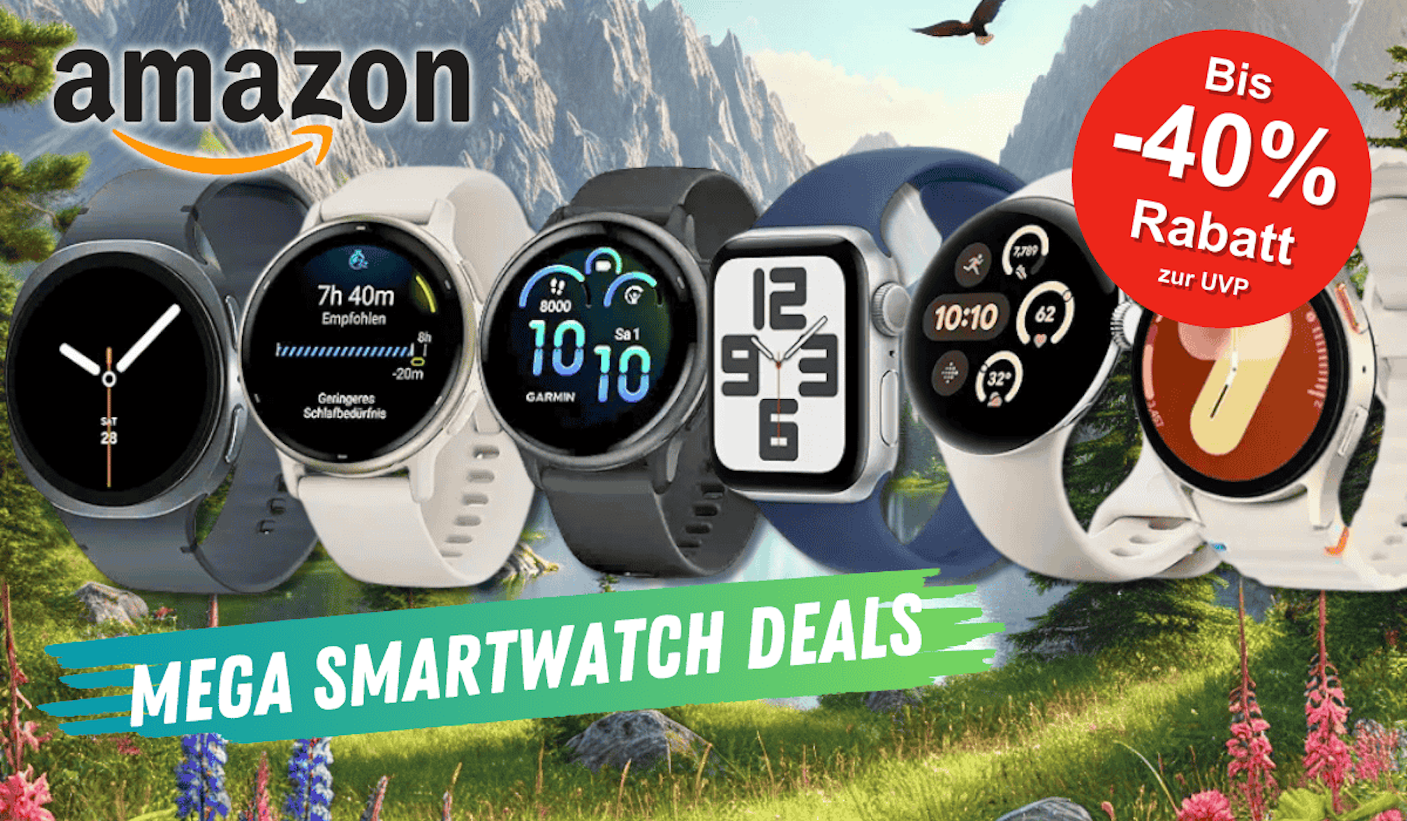 Verschiedene Smartwatch Modelle vor einer Natur-Kulisse.