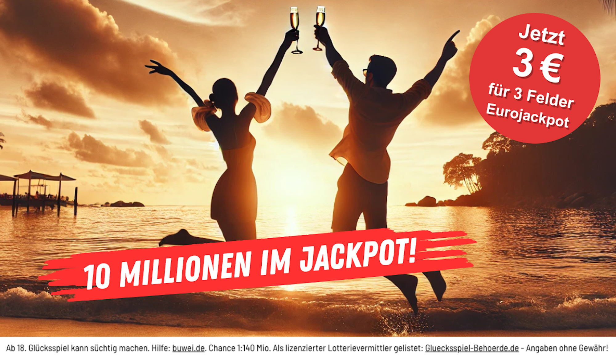 Eine Frau und ein Mann hüpfen an einem Strand im Sonnenuntergang euphorisch in die Luft. Beide halten ein Sektglas in der Hand. Darunter der Schriftzug 10 Millionen im Eurojackpot.