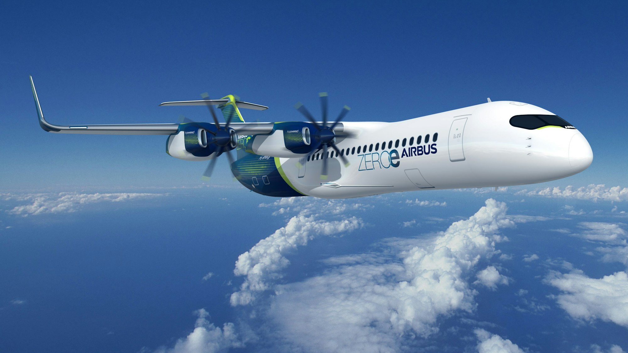 Ein Flugzeig mit Propellern und Triebwerken fliegt in einen blauen Himmel.