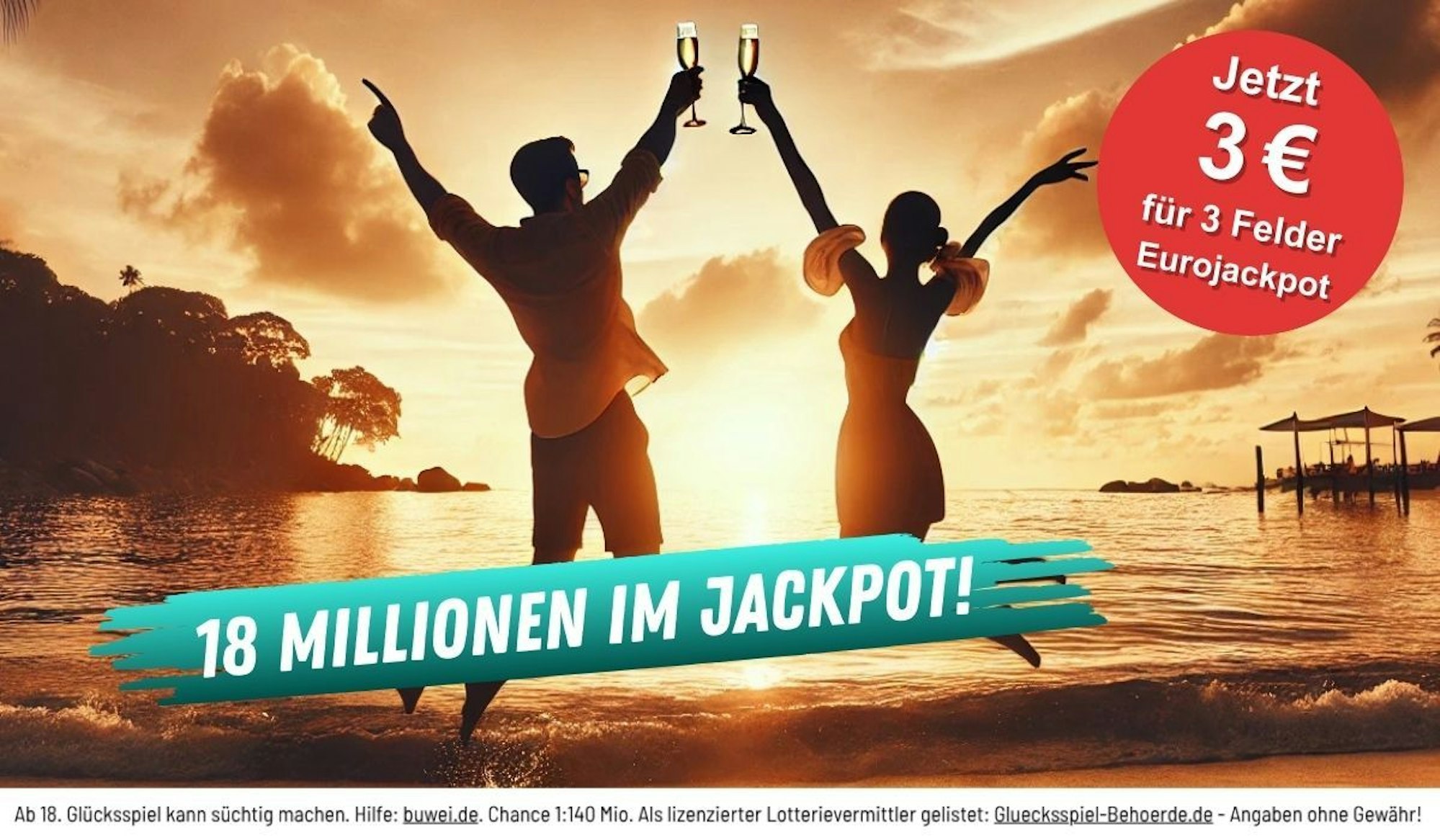 Eine Frau und ein Mann hüpfen an einem Strand im Sonnenuntergang fröhlich in die Luft. Sie halten ein Sektglas in der Hand. Darunter der Schriftzug 18 Millionen im Eurojackpot.