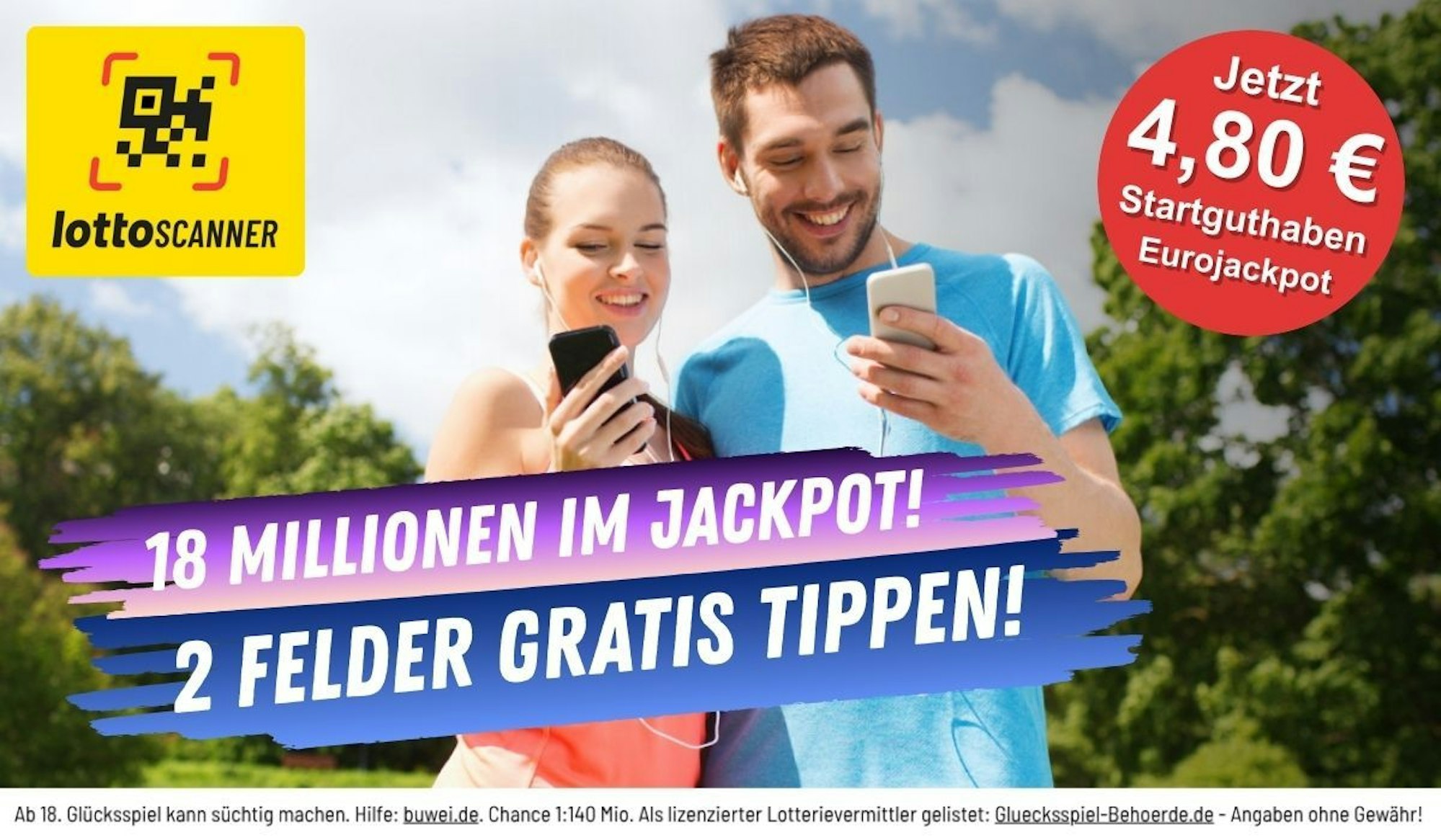 Ein junger Mann und eine junge Frau stehen im grünen Park mit Smartphone in der Hand. Schriftzug 18 Millionen im Jackpot. Im Bild das Logo von Lotto Scanner.