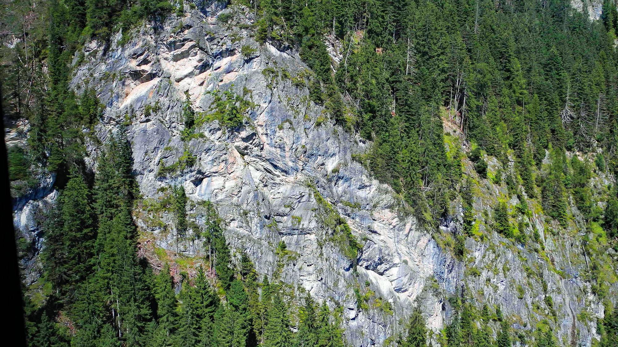 Blick auf eine steile Felswand in den Alpen.