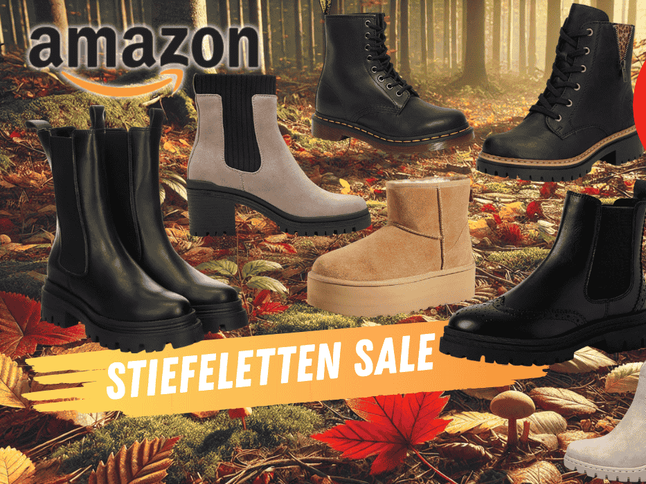 Darstellung verschiedener Stiefeletten Modelle vor einem herbstlichen Hintergrund mit einem Waldboden und Blättern.