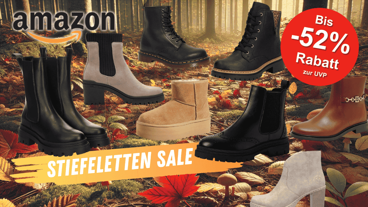 Darstellung verschiedener Stiefeletten Modelle vor einem herbstlichen Hintergrund mit einem Waldboden und Blättern.