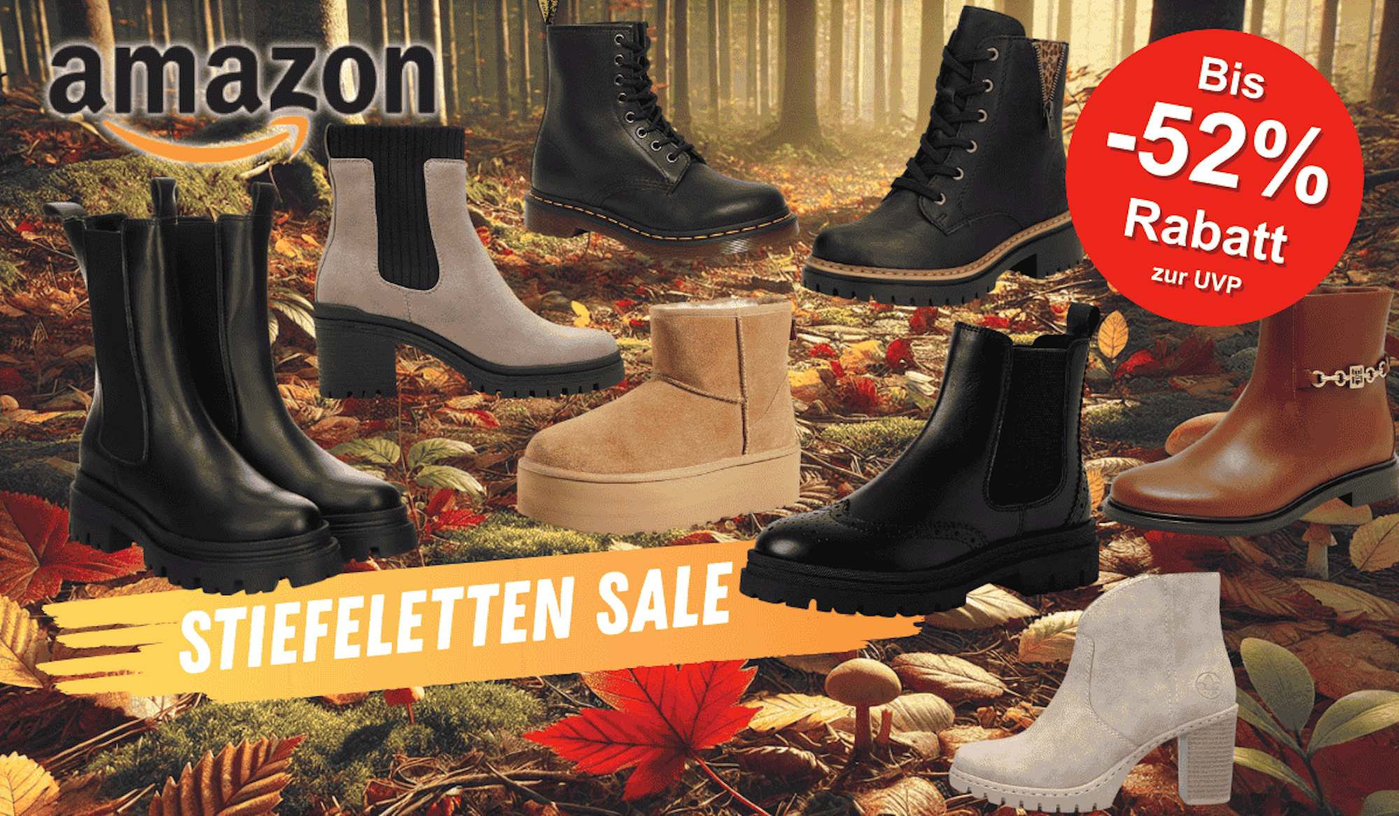 Darstellung verschiedener Stiefeletten Modelle vor einem herbstlichen Hintergrund mit einem Waldboden und Blättern.