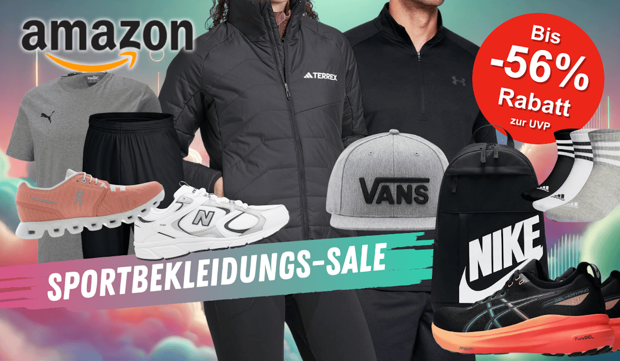 Darstellung verschiedener Sportbekleidungsartikel und Accessoires vor einem Hintergrund.