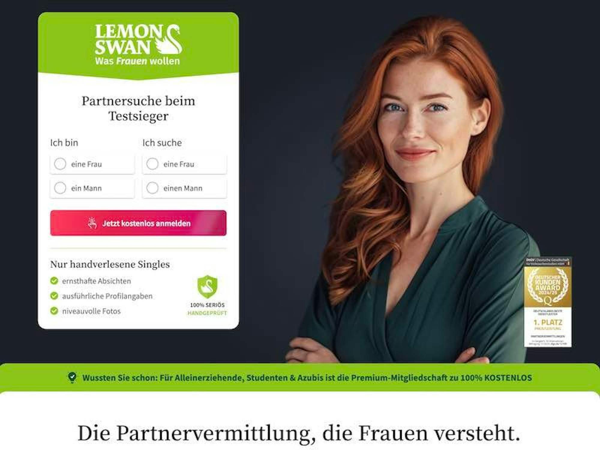 Homepage der Partnervermittlung LemonSwan mit Anmeldung und Bild einer jungen, hübschen Dame.
