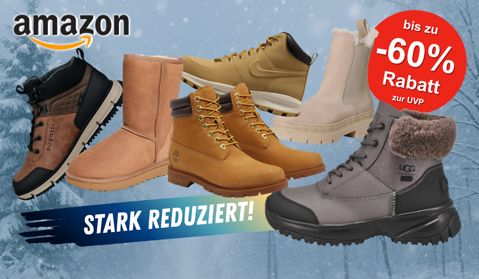 Auf dem Bild sind Winterschuhe unterschiedlicher Marken zu sehen, die auf einer verschneiten Landschaft zu gelten kommen.