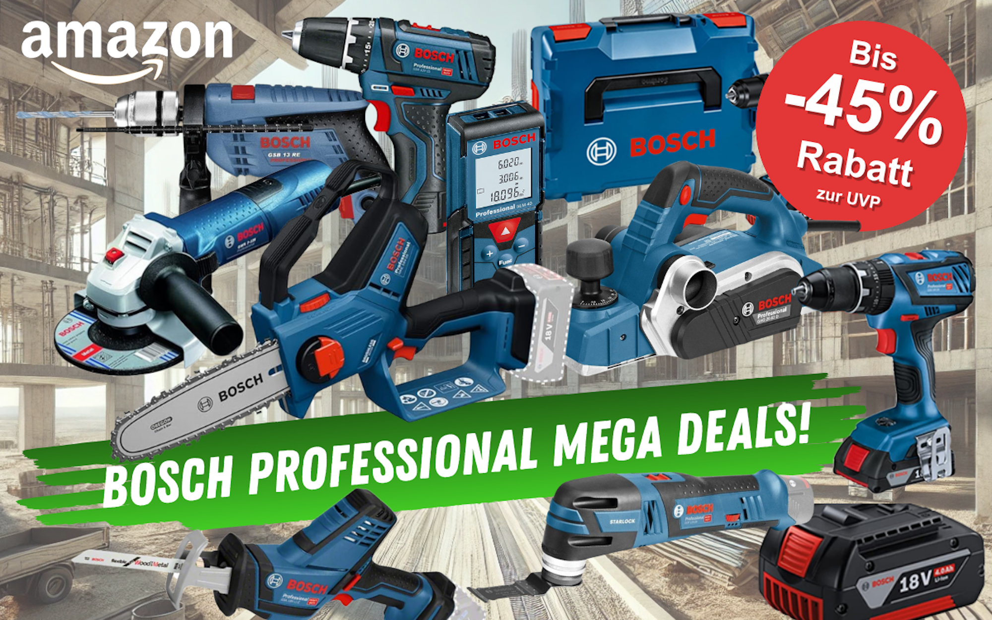 Bosch Professional Elektrowerkzeug, darunter Akkubohrschrauber, Laser Entfernungsmesser, Schlagbohrmaschine, Winkelschleifer, Werkzeugkoffer, Säbelsäge, Hobel vor einem Hintergrund einer großen Baustelle.