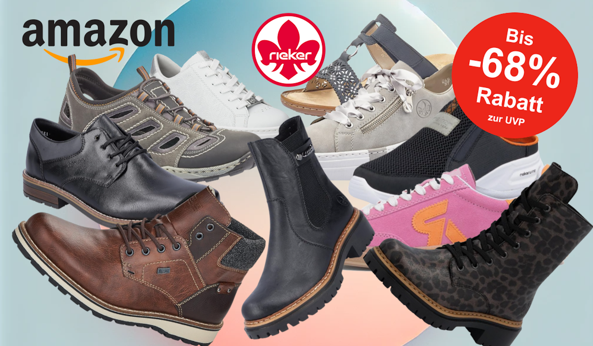 Auf dem Bild sind unterschiedliche Rieker Schuh Modelle zu sehen.