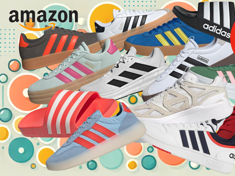 Auf dem Bild sind unterschiedliche adidas Modelle zu sehen, die auf einem farblichen Hintergrund in Szene gesetzt werden.