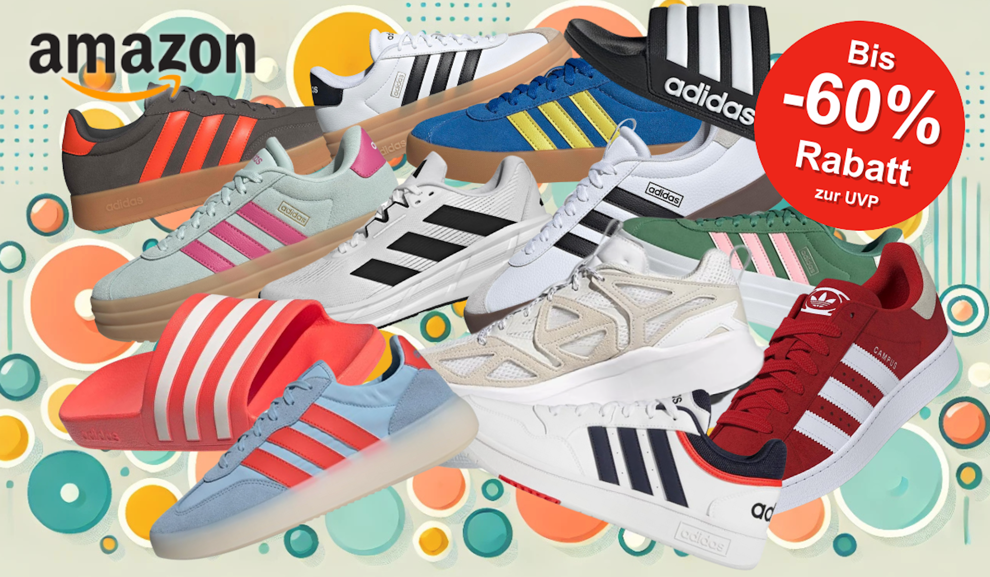 Auf dem Bild sind unterschiedliche adidas Modelle zu sehen, die auf einem farblichen Hintergrund in Szene gesetzt werden.