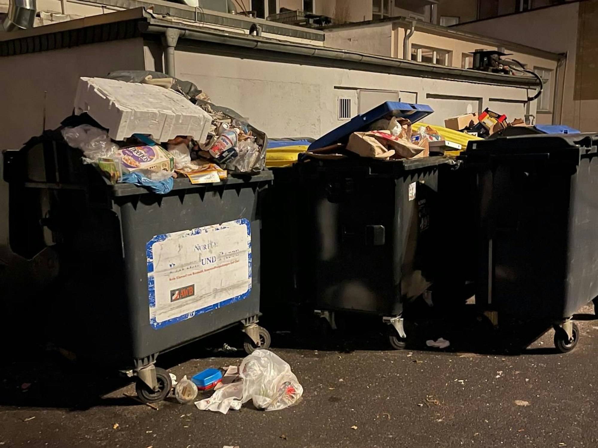 Mehrere Müllcontainer quellen über, ein kleiner Teil des Abfalls sieht vor einem Container auf dem Boden.
