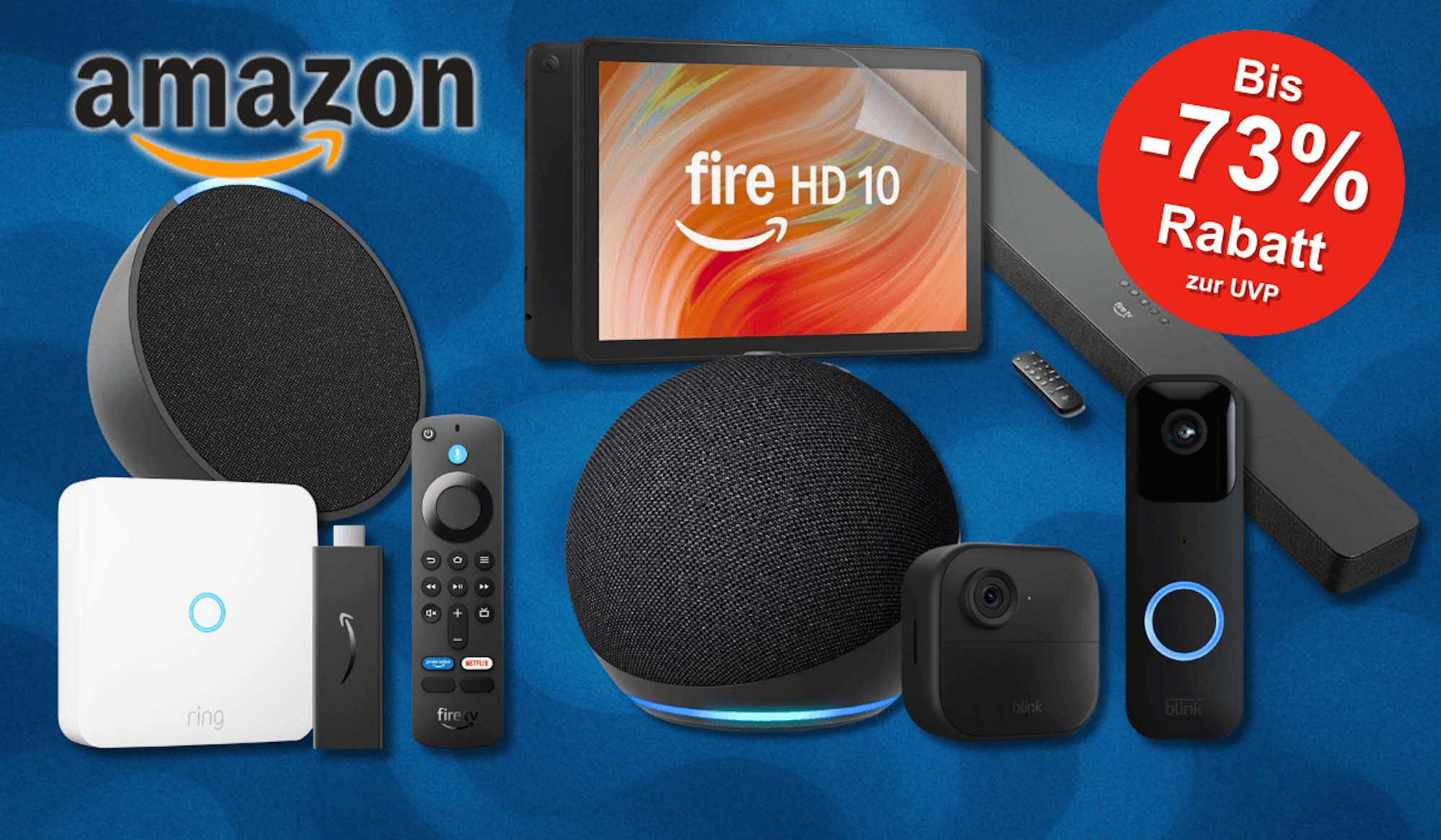 Verschiedene Amazon Geräte sind vor einem dunkelblauen Hintergrund angeordnet.