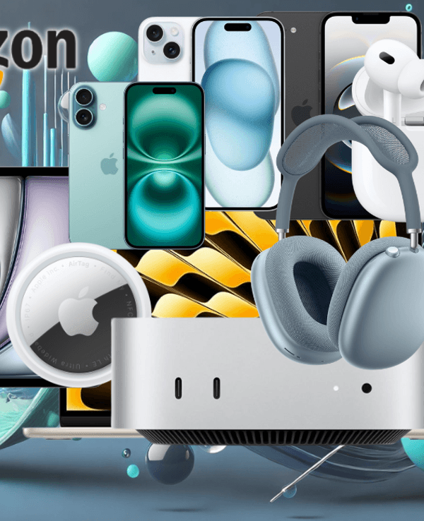 Auf dem Bild sind diverse Produkte von Apple zu sehen, die auf einem verspielten Hintergrund abgebildet sind.