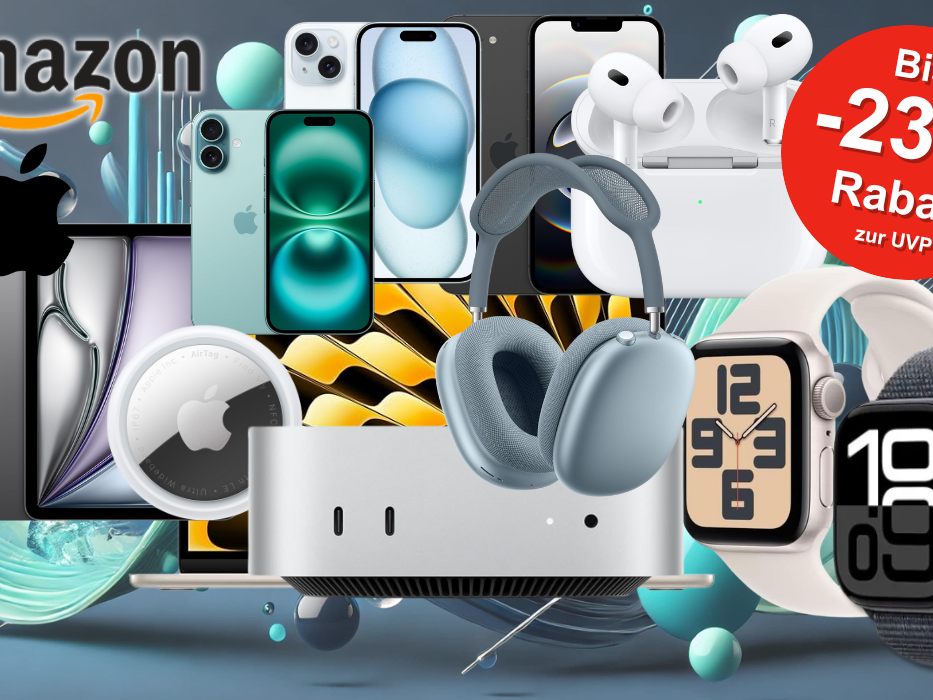 Auf dem Bild sind diverse Produkte von Apple zu sehen, die auf einem verspielten Hintergrund abgebildet sind.