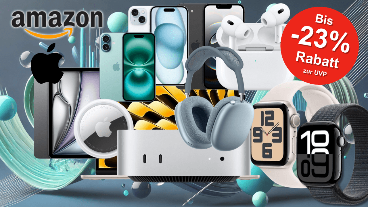 Auf dem Bild sind diverse Produkte von Apple zu sehen, die auf einem verspielten Hintergrund abgebildet sind.